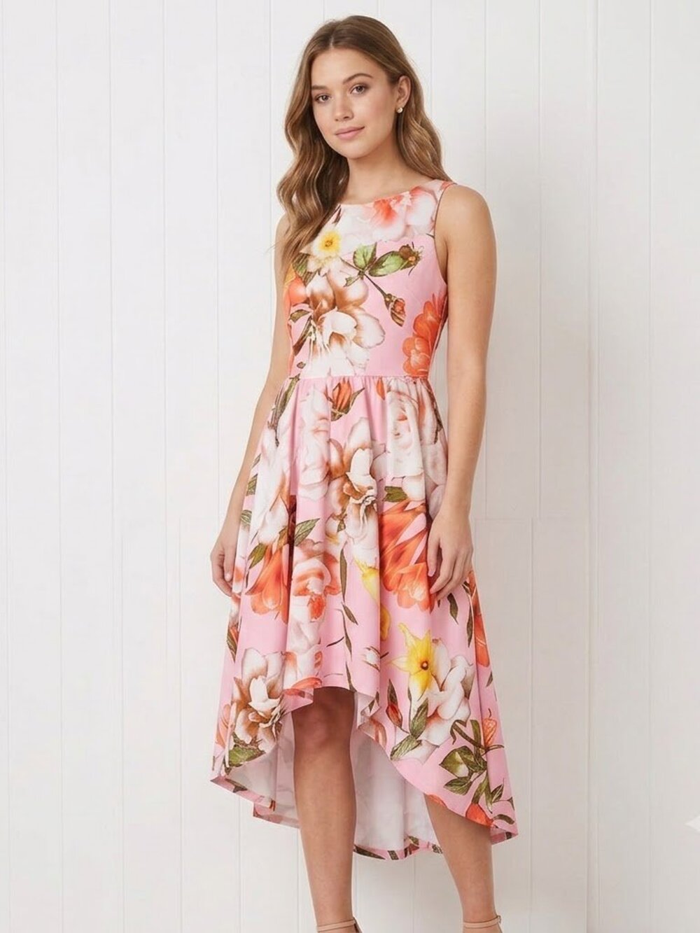 Pink Floral High Low Cocktail Dress V Back Sleeveless Unbranded Size M